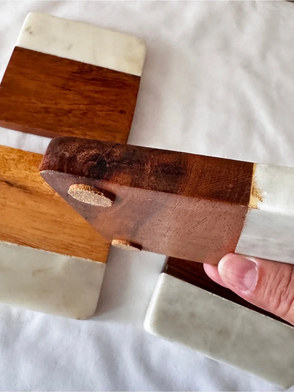 Two-Tone Wood & White Marble Square Coasters - Set of 4